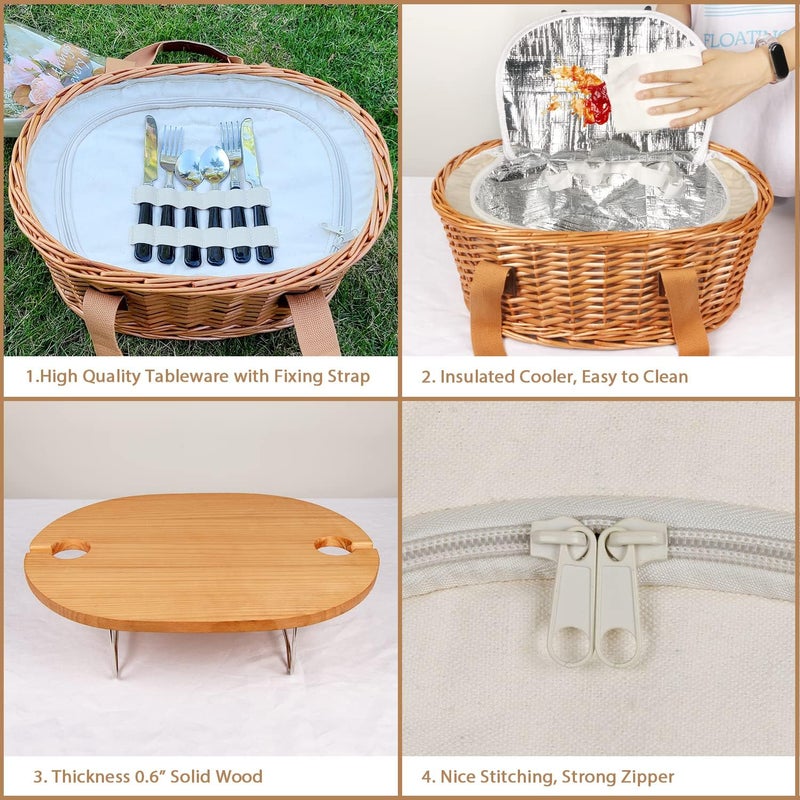HapTim Wicker Picnic Basket Set for 2 with Mini Folding Wine Picnic Table & Large Insulated Cooler Bag & Cutlery Service Kits for 2 Person, Couples Gifts, Wedding Gifts (Y2209-2-CM) - Image 4